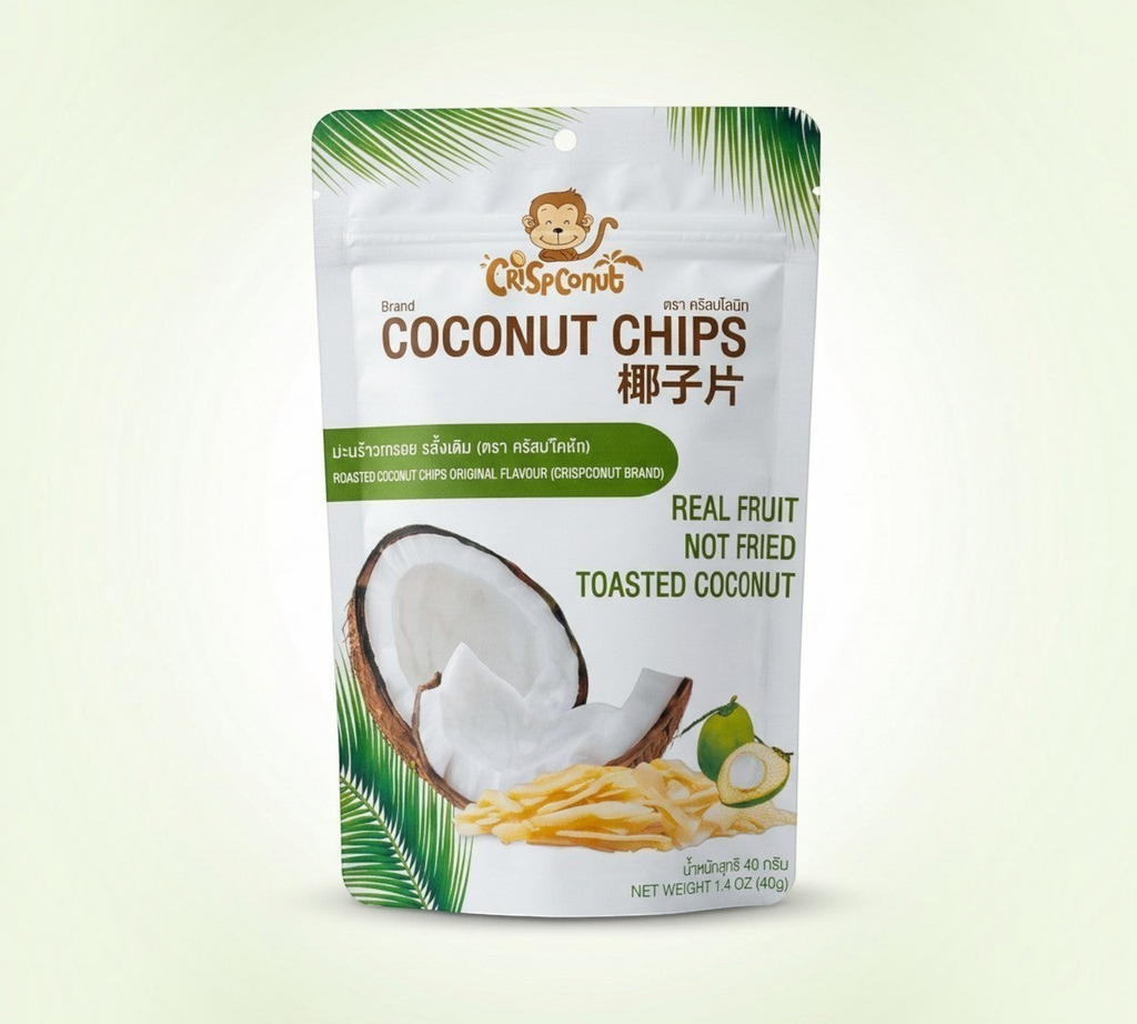 Thai Ranee Crispconut original roasted coconut chips in a white resealable pouch with tropical palm leaf graphics.