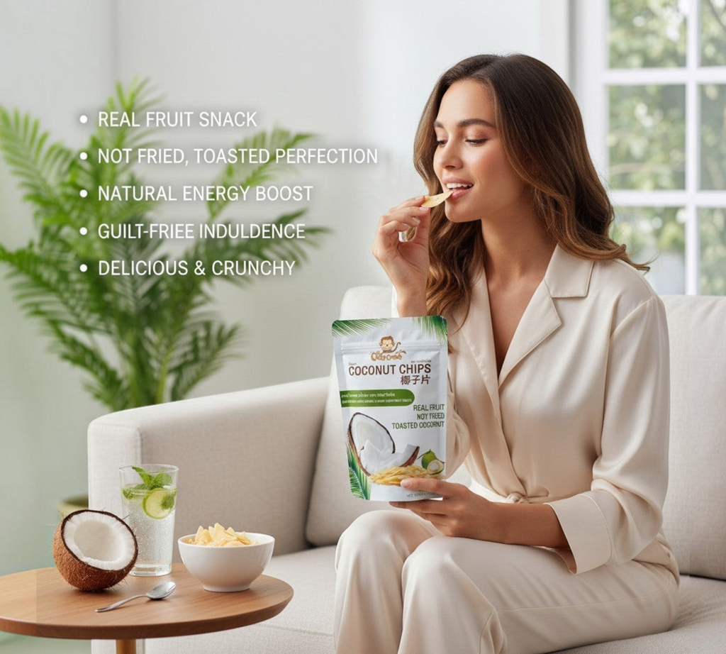 Thai Ranee Crispconut roasted coconut chips in a resealable pack, enjoyed by a woman in a bright, cozy living room.