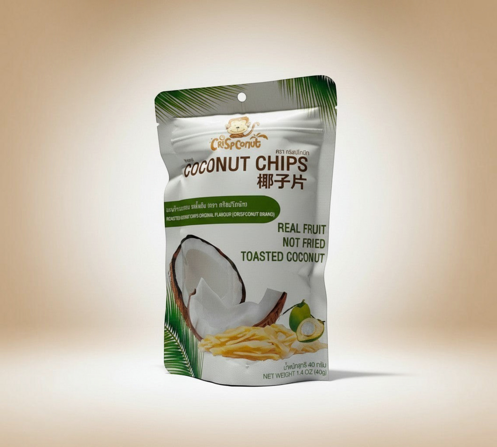 Thai Ranee Crispconut original roasted coconut chips in a resealable white pouch with coconut imagery.