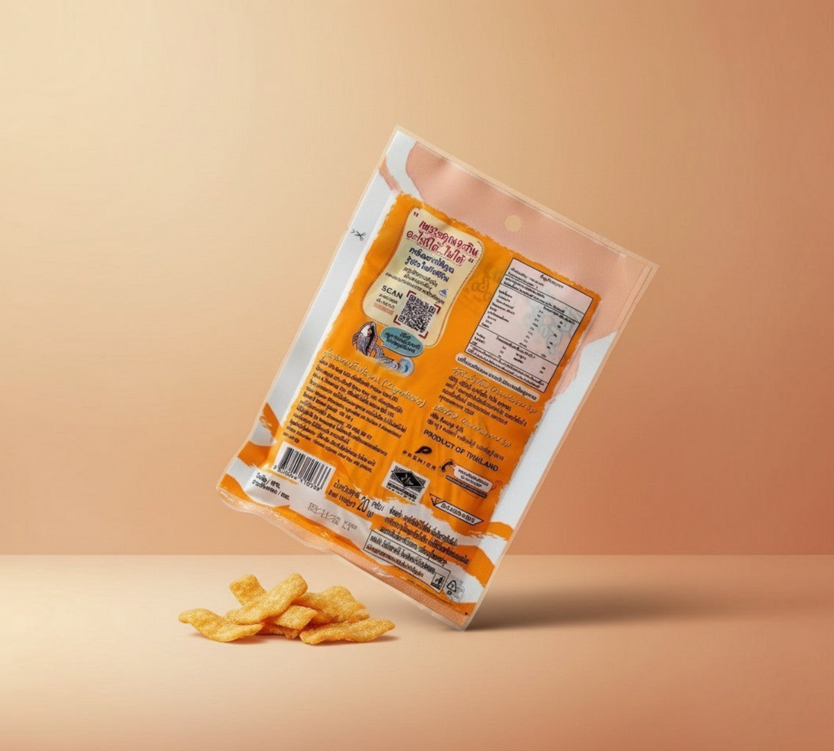 Thai Ranee crispy fish snack packaging showing nutritional information and ingredients on a soft peach background