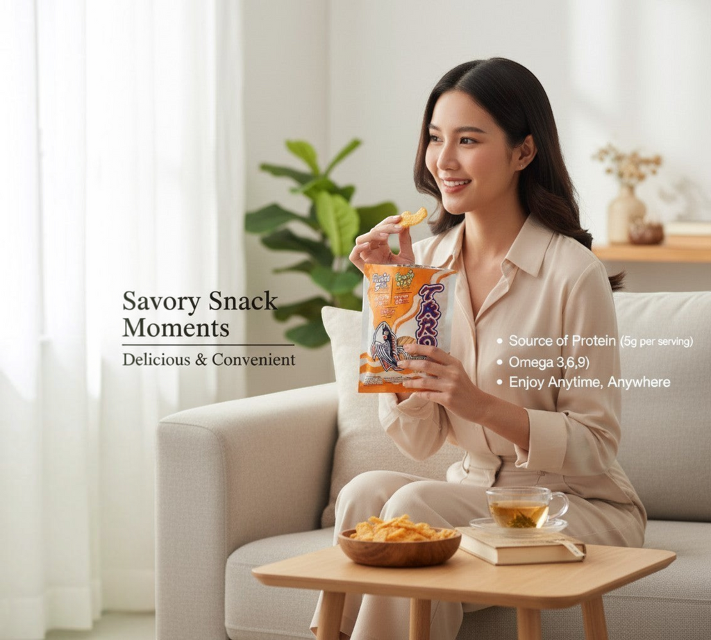 A woman enjoying Thai Ranee crispy fish snacks, a protein-rich savory treat with Omega 3, 6, and 9 in a cozy setting.