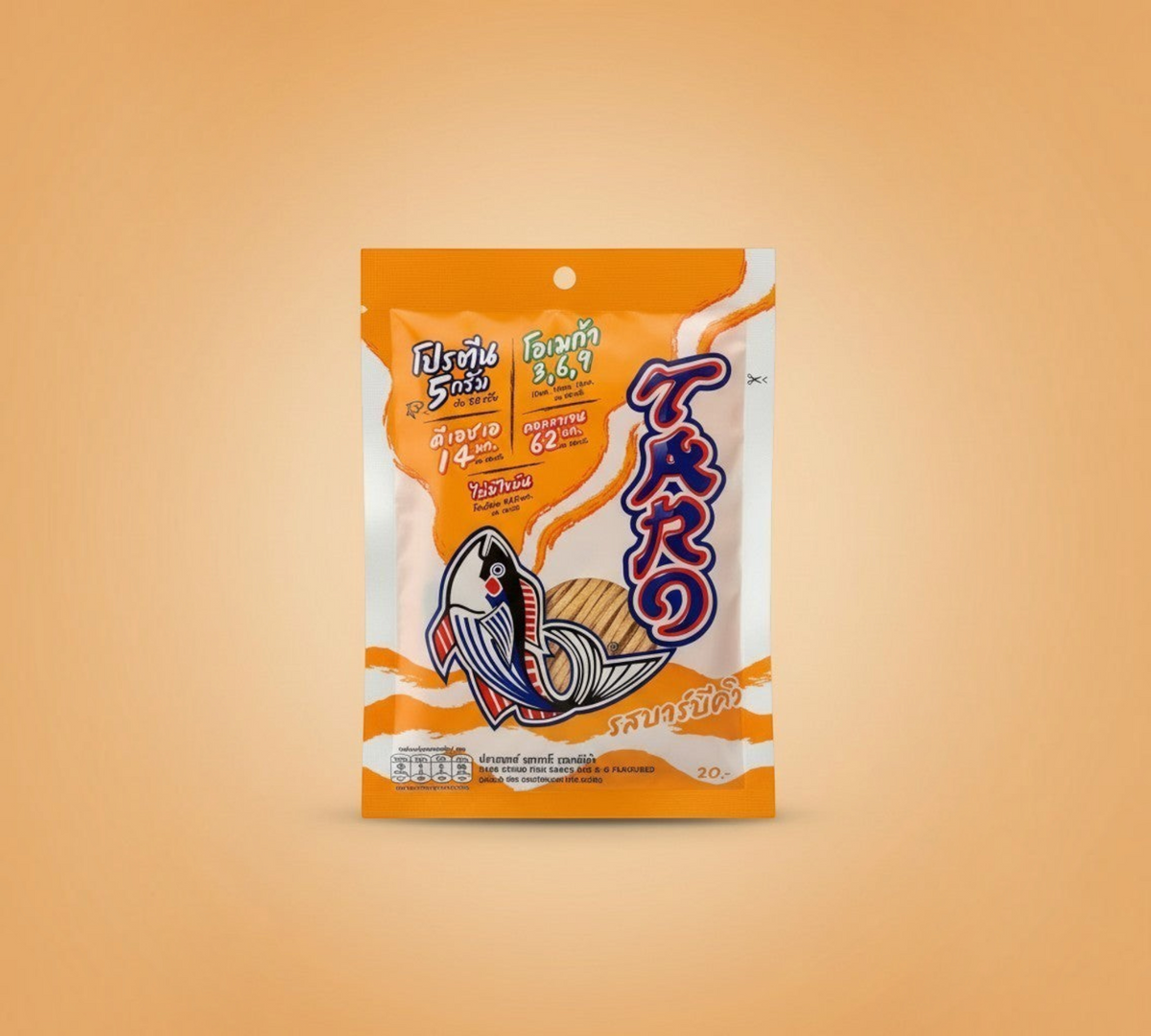 Thai Ranee crispy fish snack in orange packaging with protein and Omega 3, 6, 9 nutritional information