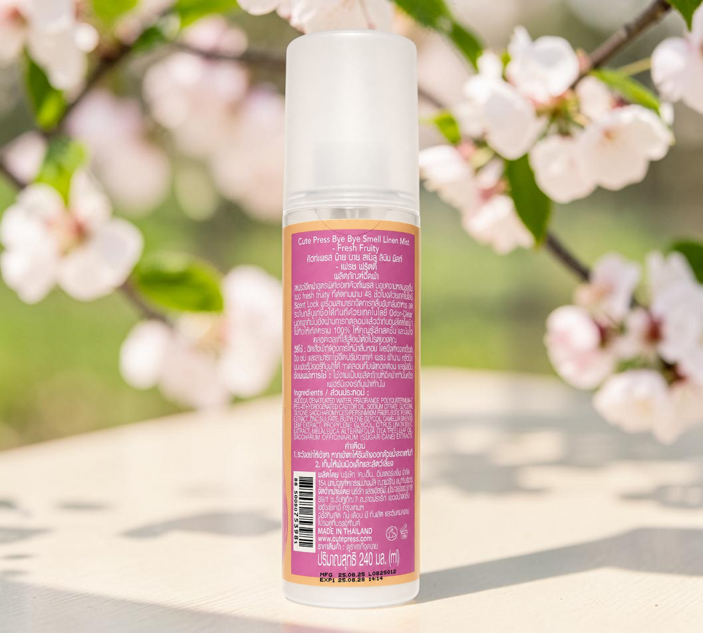 Thai Ranee Cute Press Bye Bye Smell Linen Mist spray bottle with fresh fruity scent label and odour-clear technology.