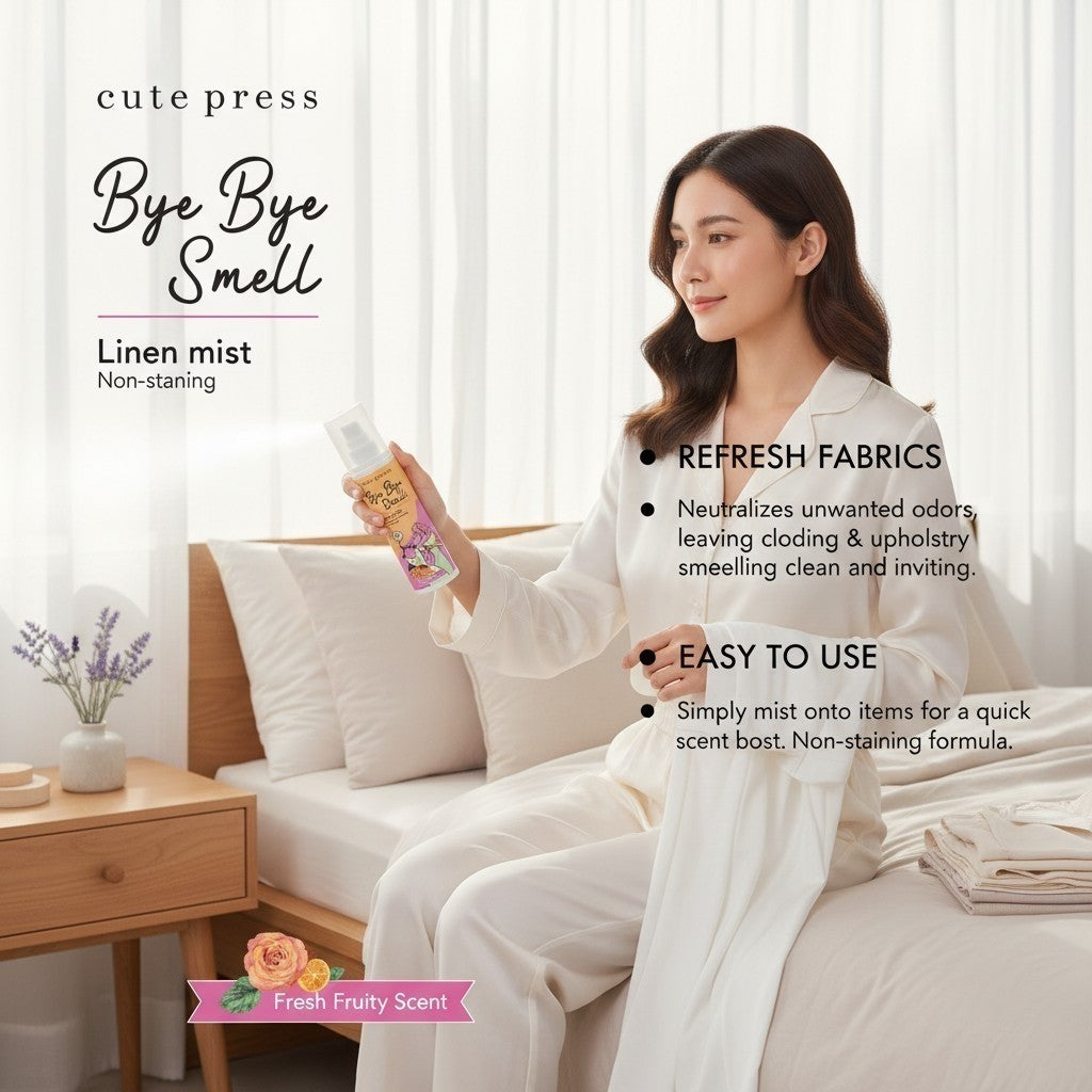 Thai Ranee Cute Press Bye Bye Smell Linen Mist spray being used by a woman in a bedroom to refresh white bedding.
