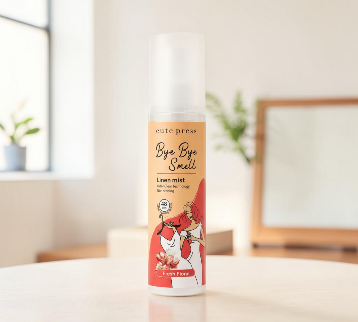 Thai Ranee cute press Bye Bye Smell fresh floral linen mist fabric refresher spray in a white spray bottle