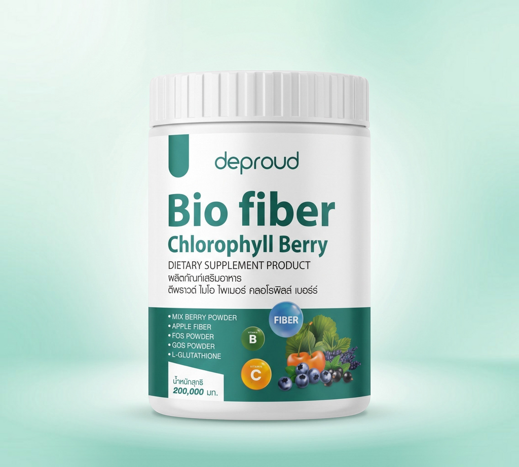 Thai Ranee deproud Bio Fiber Chlorophyll Berry supplement powder in a white jar with berry and vitamin illustrations.