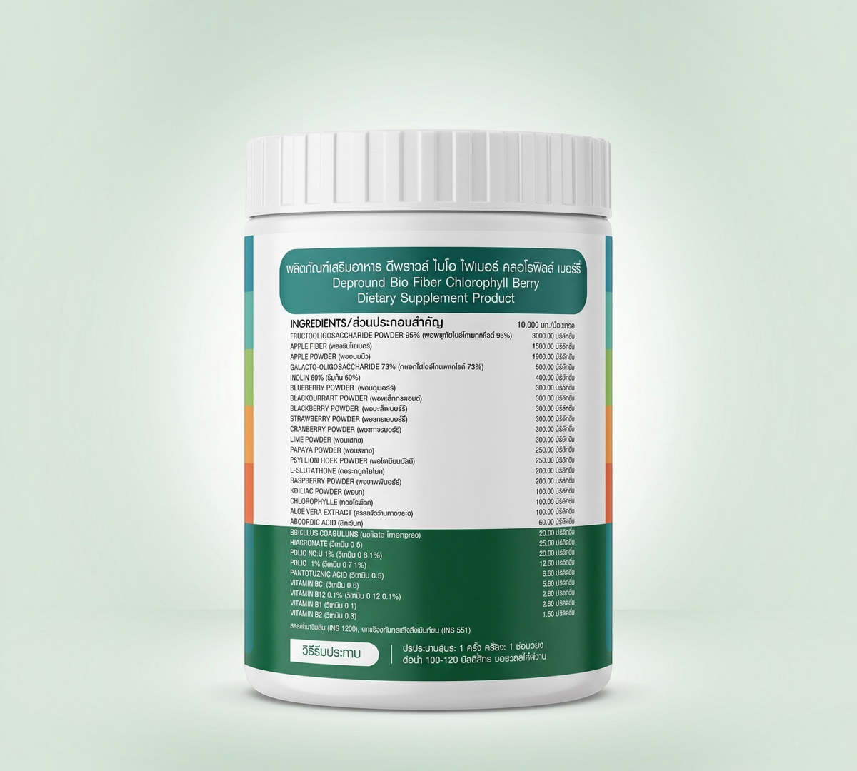 Thai Ranee Deproud Bio Fiber Chlorophyll Berry supplement jar showing detailed ingredient list and nutritional facts