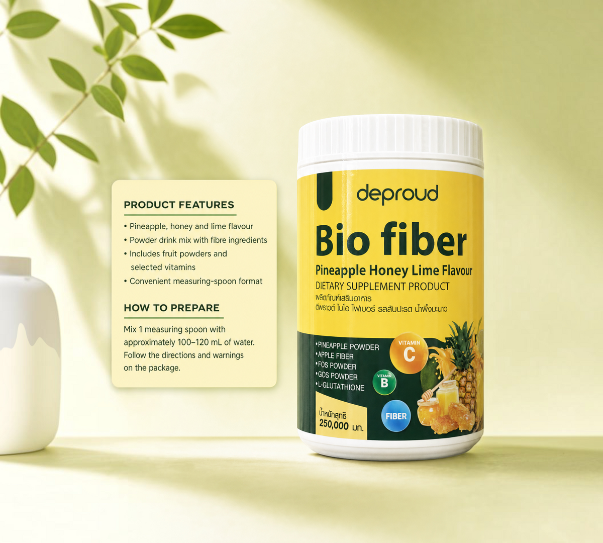 Thai Ranee Depround Bio Fiber pineapple honey lime dietary supplement powder in a 250g container with product details.