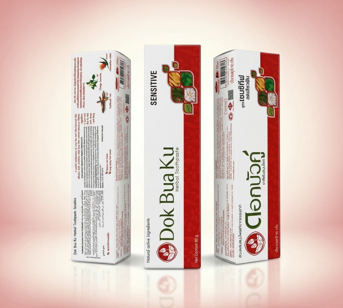 Thai Ranee Dok Bua Ku Herbal Sensitive Toothpaste boxes featuring natural herbal extracts for sensitive teeth care.