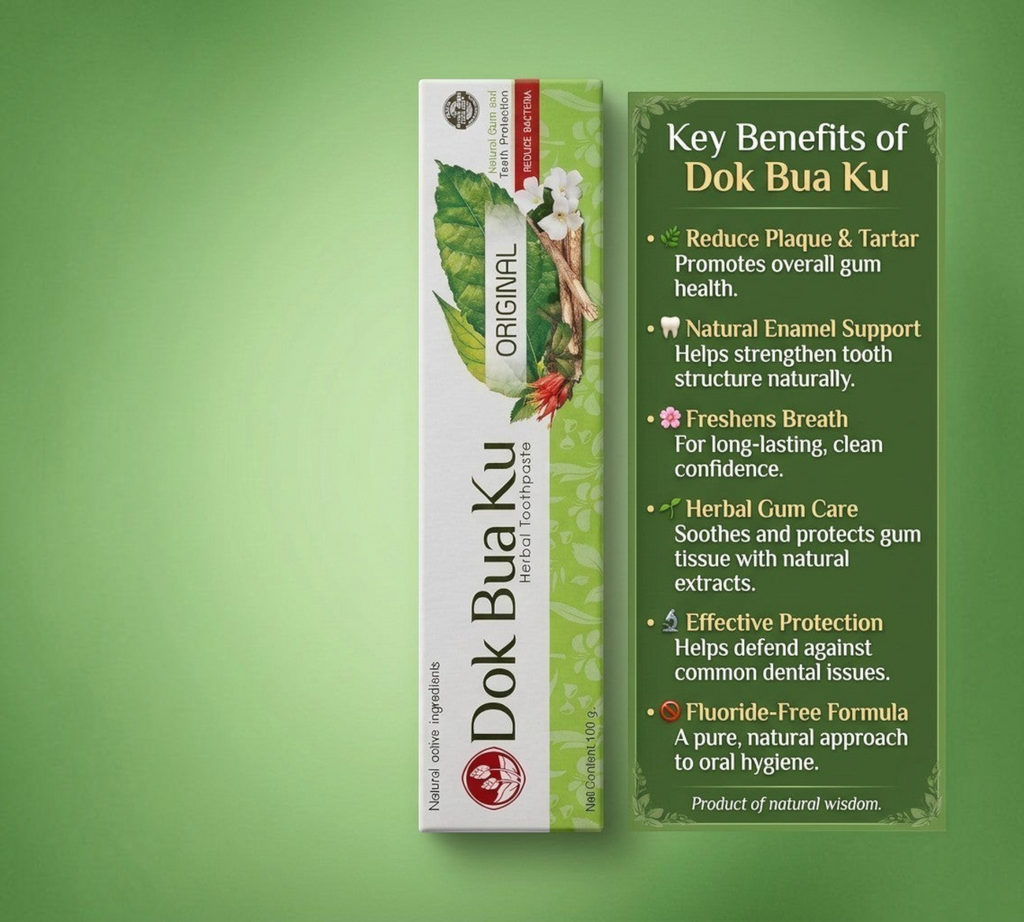 Thai Ranee Dok Bua Ku herbal toothpaste box with a list of natural oral care benefits on a green background