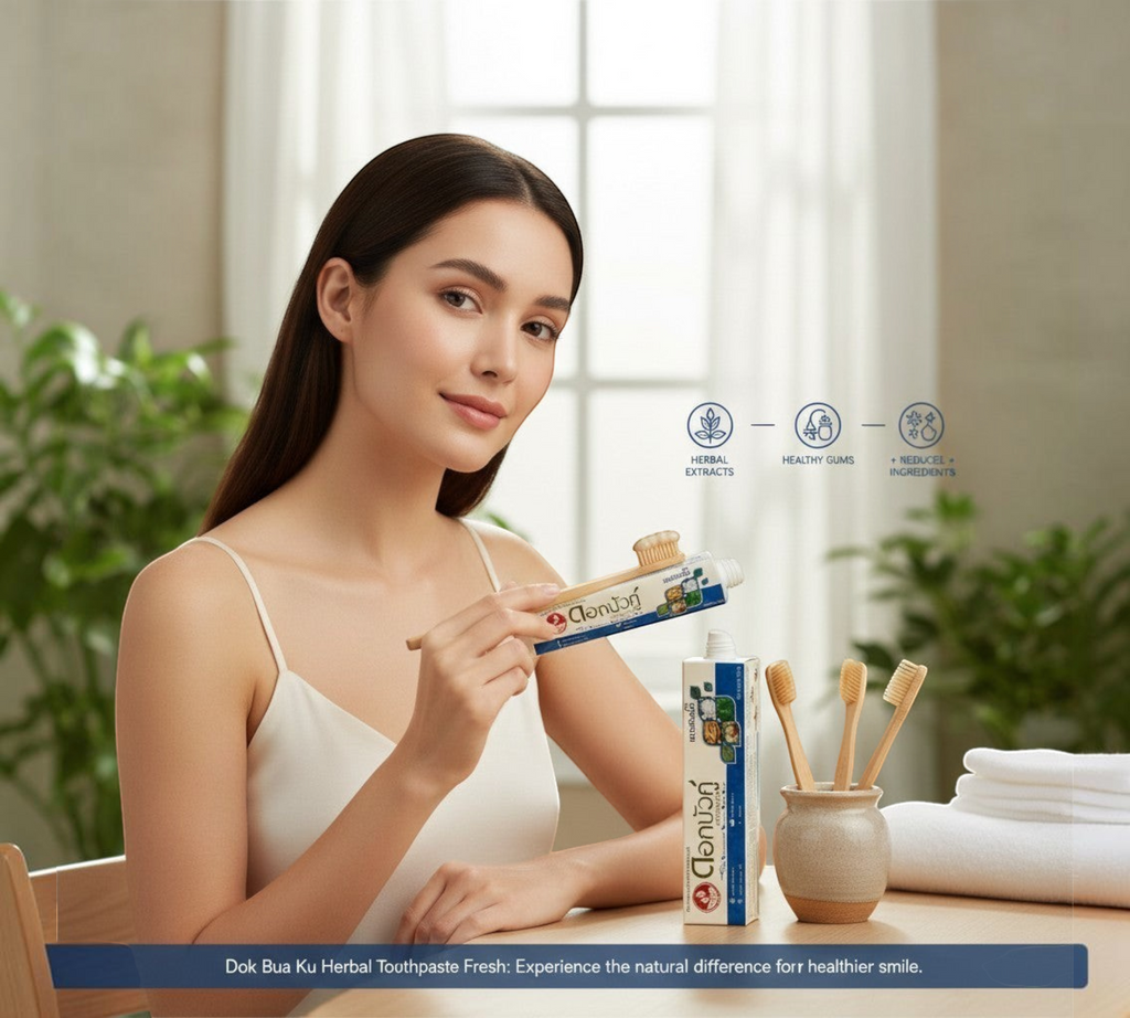 Thai Ranee Dok Bua Ku Everfresh herbal toothpaste with bamboo toothbrush, held by a woman in a bright home setting.
