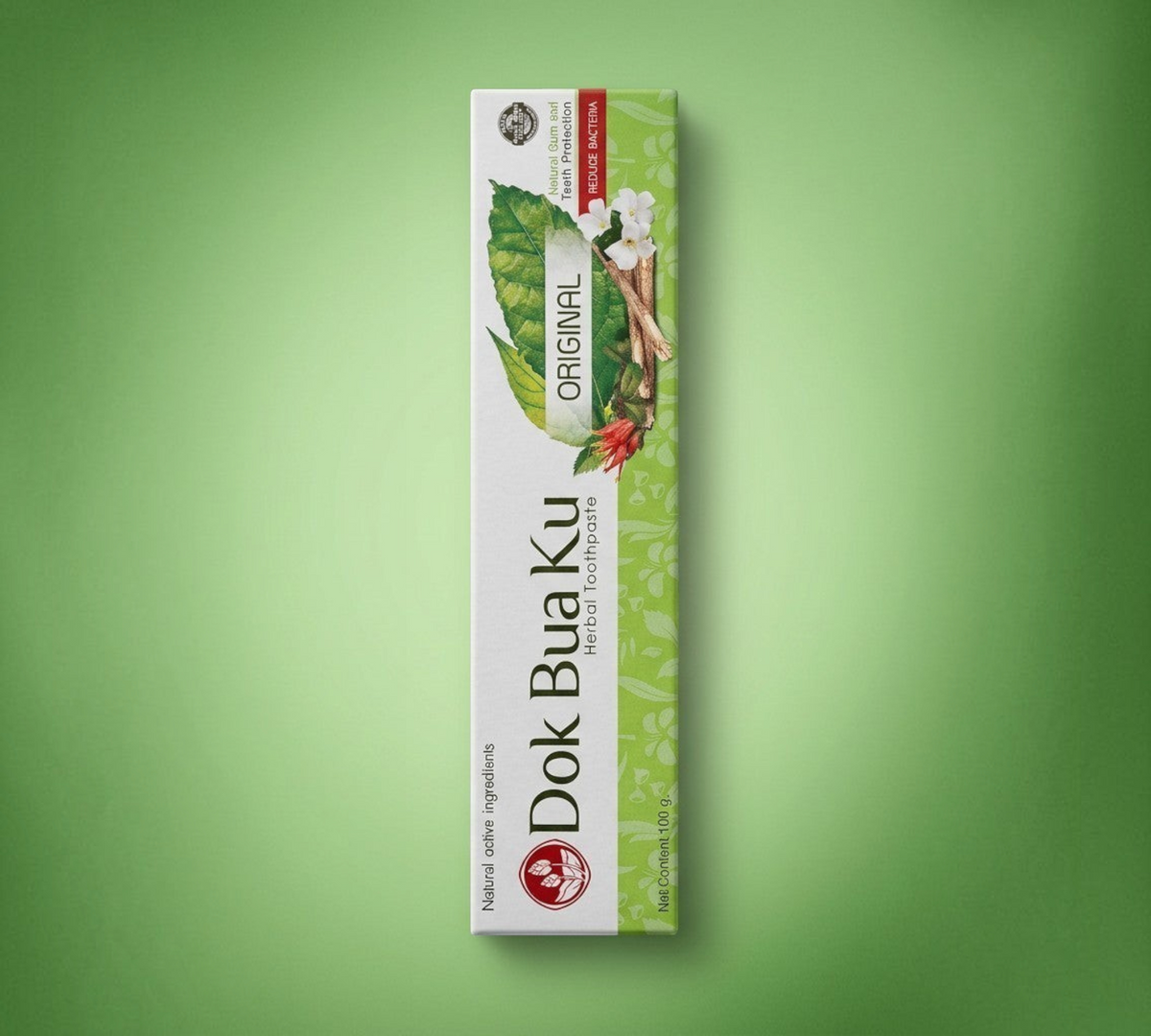 Thai Ranee Dok Bua Ku Original herbal toothpaste box featuring natural botanical illustrations on a green background.
