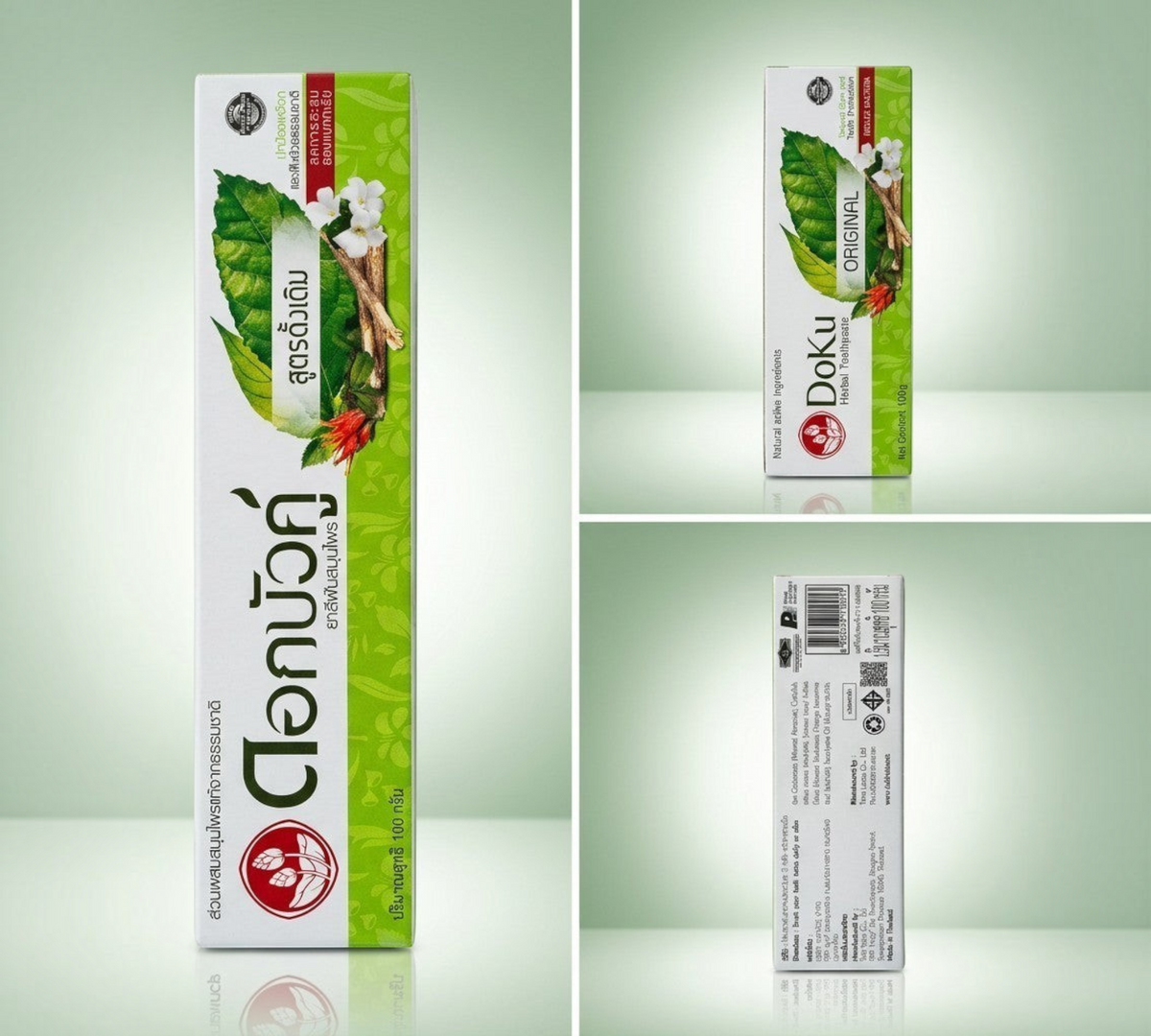 Thai Ranee Dok Bua Ku original herbal toothpaste box featuring natural botanical illustrations and green accents