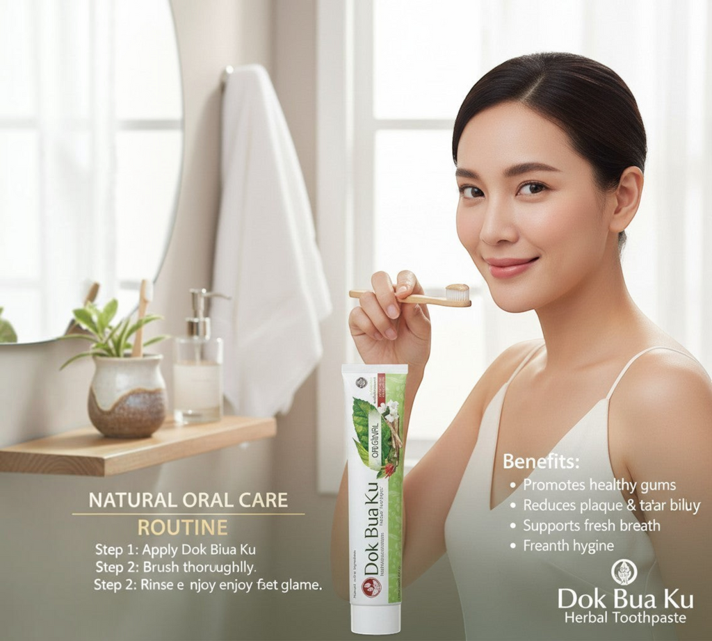 Thai Ranee Dok Bua Ku herbal toothpaste tube held by a smiling woman in a bright, natural bathroom setting.
