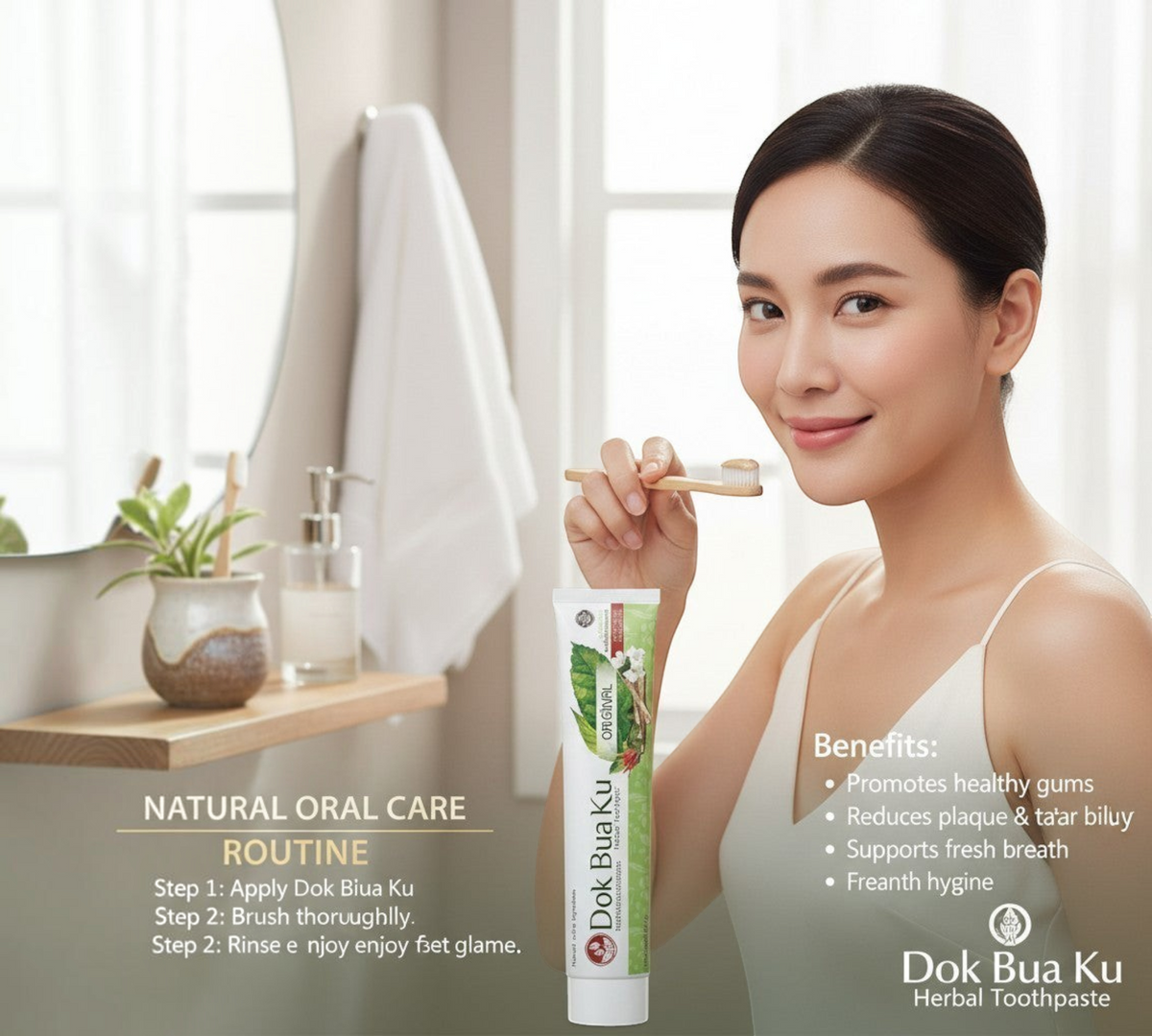 Thai Ranee Dok Bua Ku herbal toothpaste tube held by a smiling woman in a bright, natural bathroom setting.
