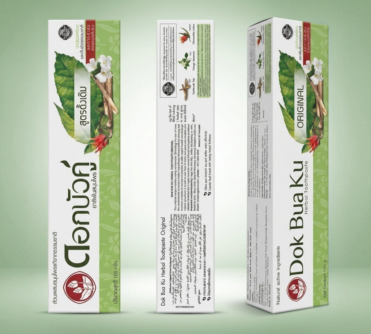 Thai Ranee Dok Bua Ku Original Herbal Toothpaste packaging showing natural herbal ingredients and product details