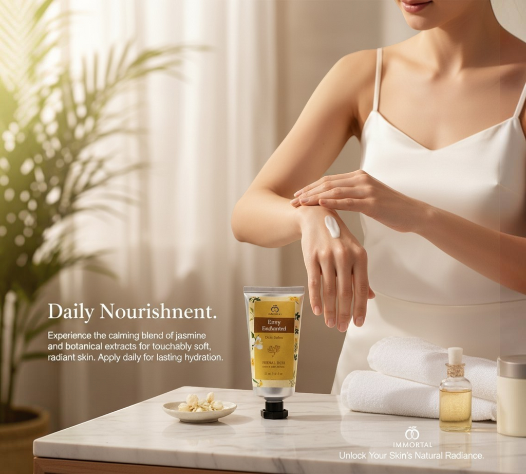 Thai Ranee Immortal Envy Enchanted herbal hand and body lotion tube on a marble counter with a woman applying cream.