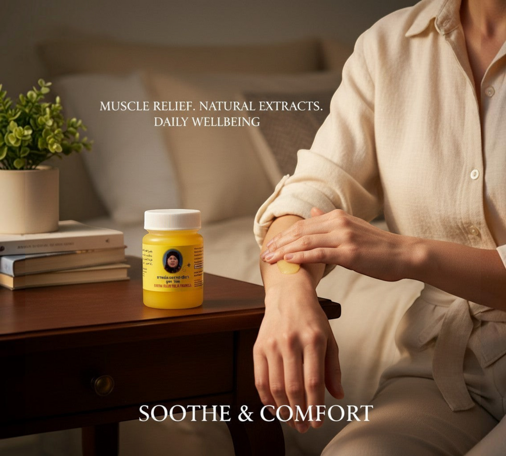Thai Ranee Fatima Balm Phlai herbal relief balm in a golden jar being applied to a woman's arm for muscle comfort.
