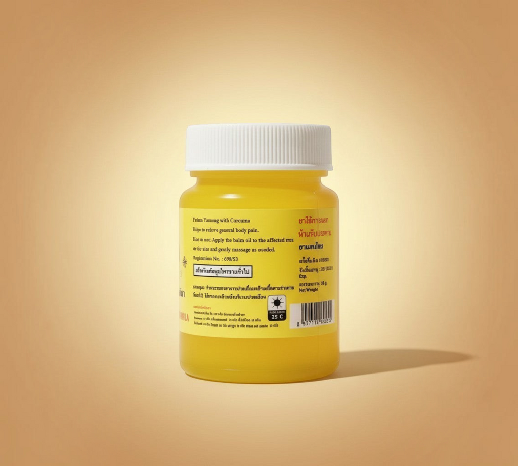 Thai Ranee Fatima Balm Phlai Formula in a golden jar for muscle relief and body aches with herbal ingredients