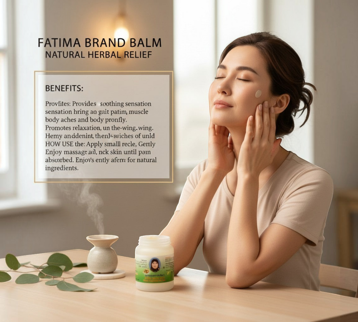 Thai Ranee Fatima Brand natural herbal relief balm in a jar with a woman applying cream to her neck for relaxation