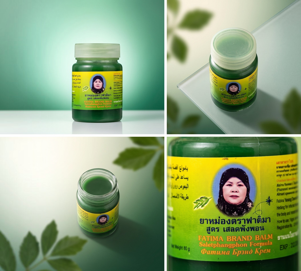 Thai Ranee Fatima Green Balm Saletphangphon herbal ointment in an 80g jar for topical massage relief