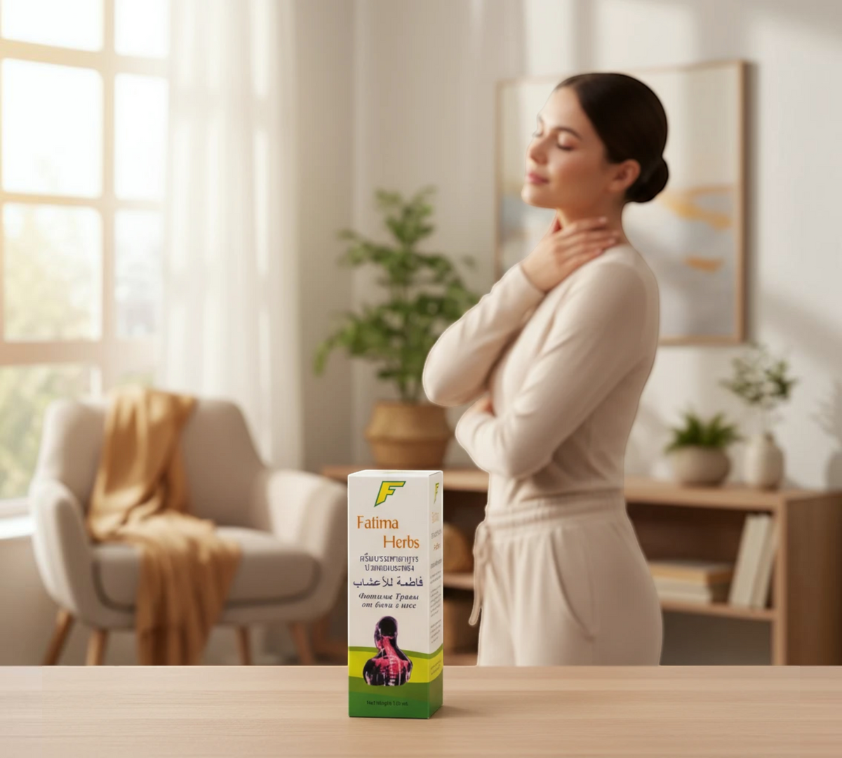 Thai Ranee Fatima Herbs topical cream for spine and neck pain relief in a 150ml box, displayed in a home setting.