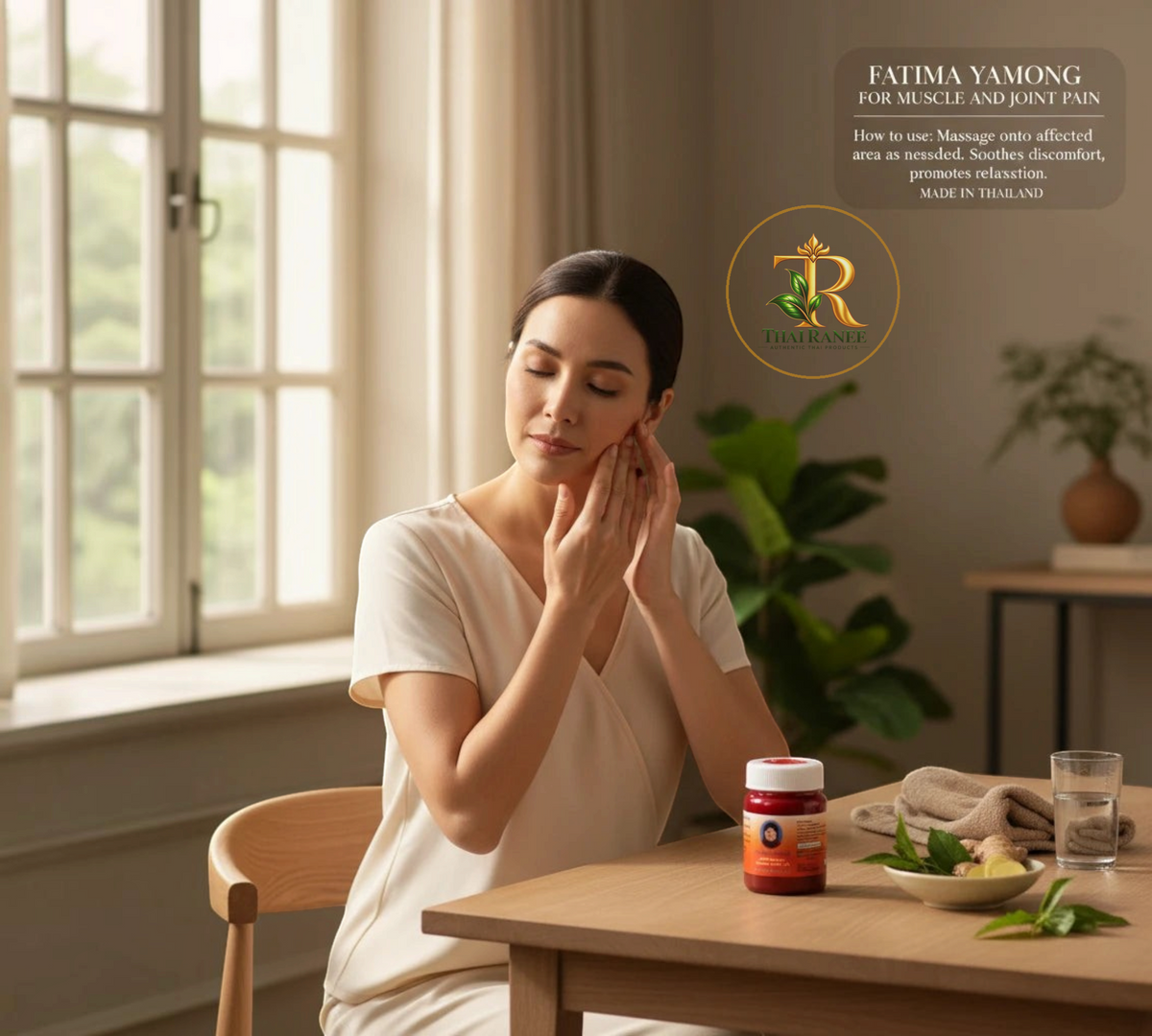 Thai Ranee Fatima Yamong herbal muscle and joint pain relief balm in a jar on a wooden table with a woman applying it