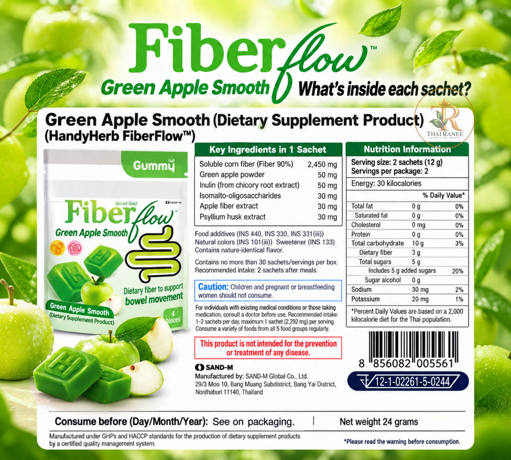 Thai Ranee HandyHerb Fiber Flow green apple dietary supplement gummies with nutritional information and ingredients
