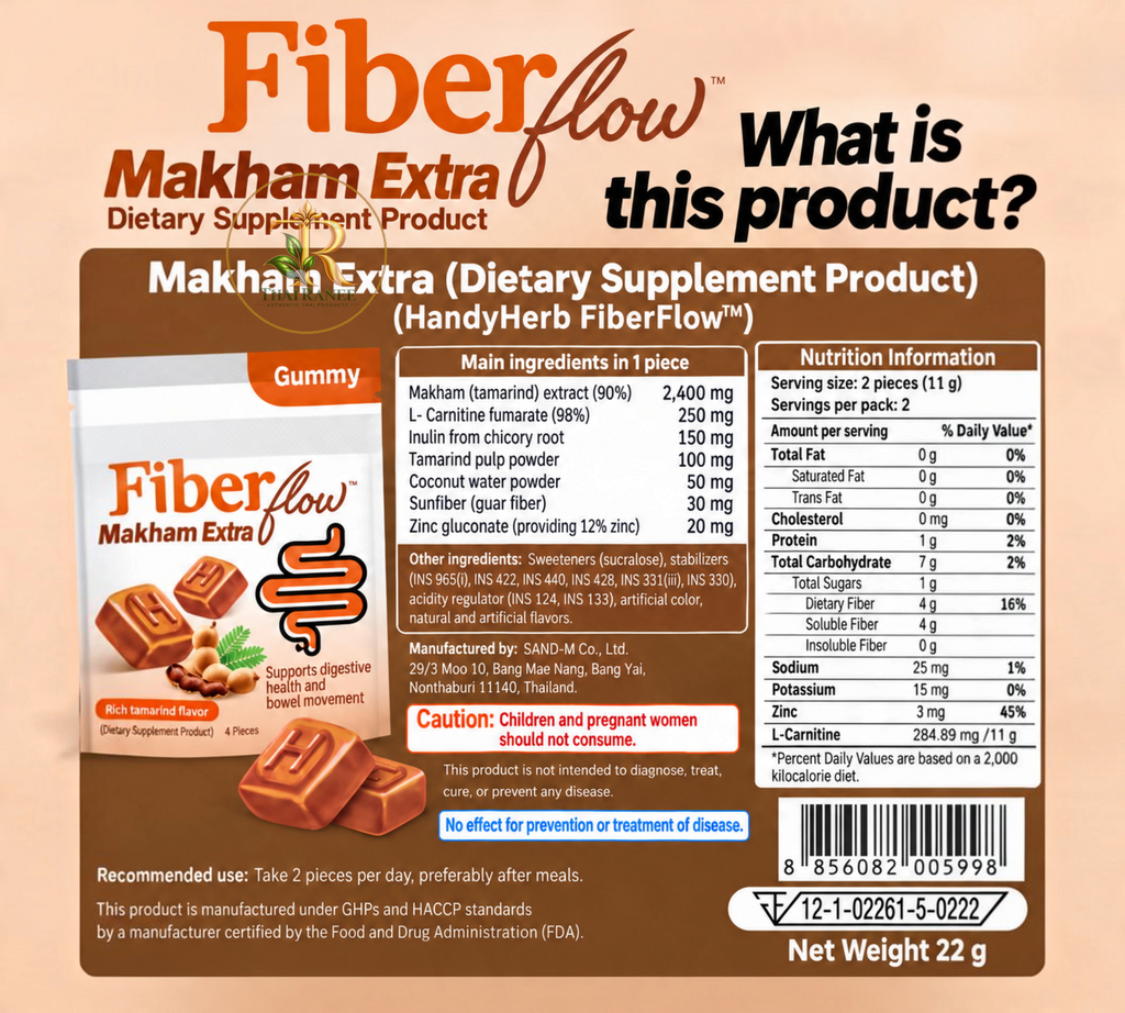 Thai Ranee HandyHerb Fiber Flow tamarind dietary supplement gummy packaging with nutrition facts and ingredients list