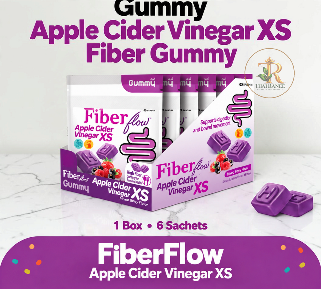 Thai Ranee HandyHerb FiberFlow apple cider vinegar mixed berry gummies in a display box with six individual sachets.