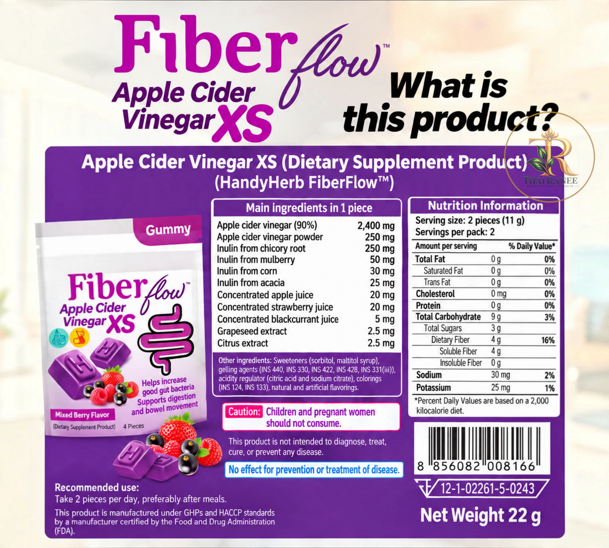 Thai Ranee HandyHerb FiberFlow apple cider vinegar gummy supplement packaging with nutrition facts and ingredients