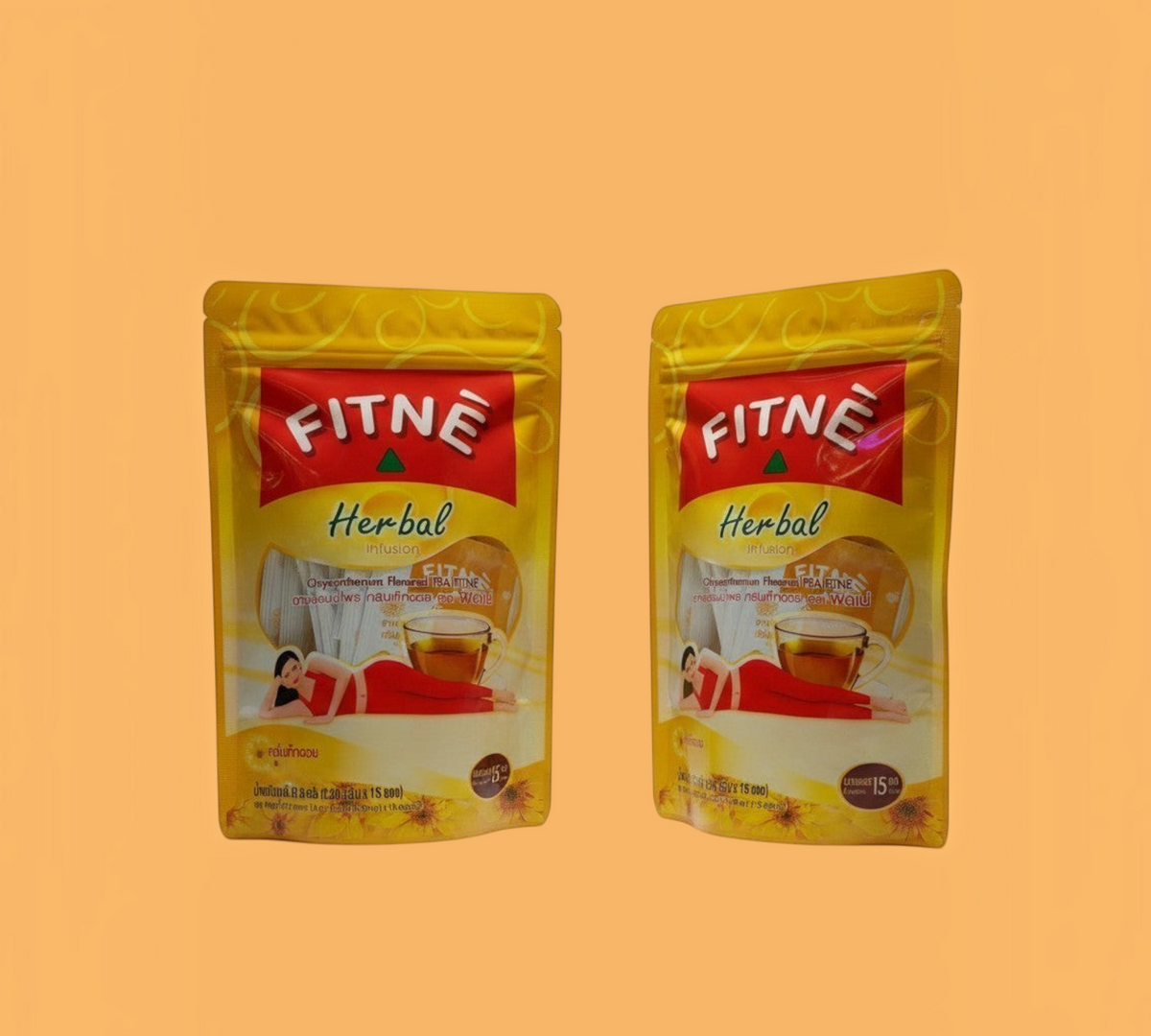 Thai Ranee FITNÈ chrysanthemum herbal tea bags in yellow stand-up pouches with floral design and wellness imagery
