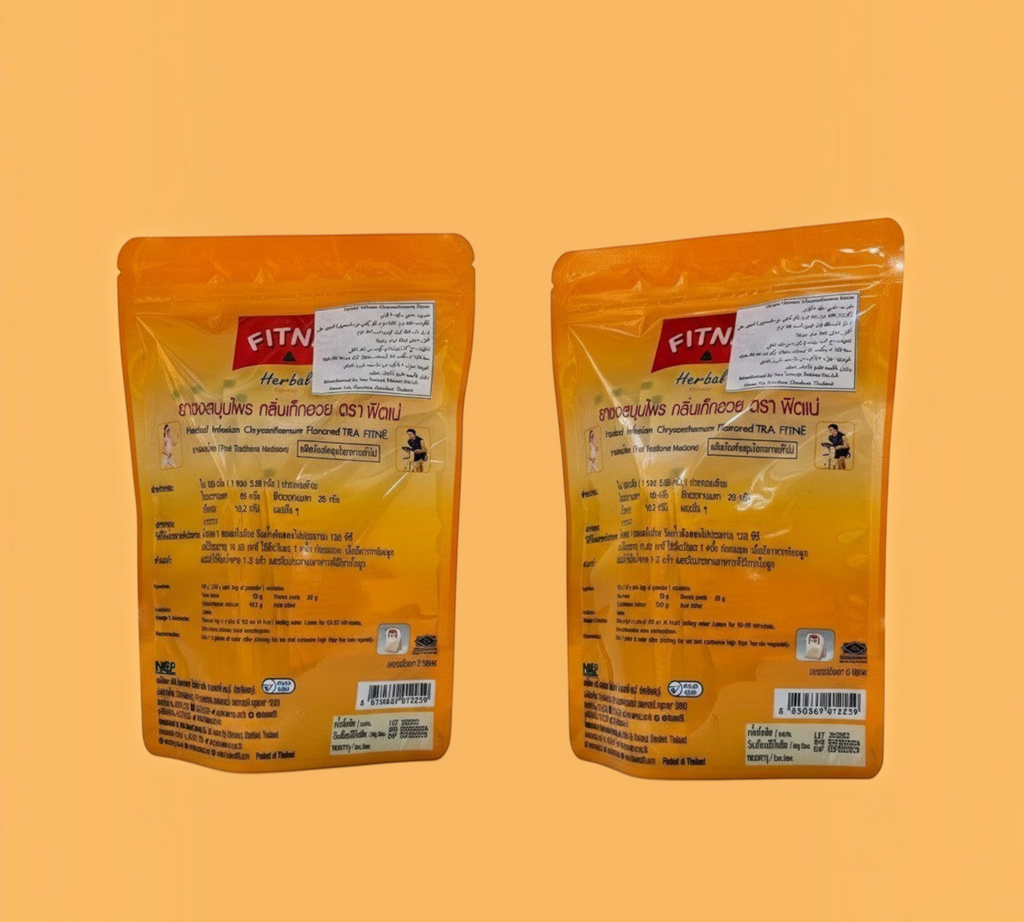 Thai Ranee FITNÈ herbal infusion chrysanthemum tea bags in orange resealable pouches against a golden background