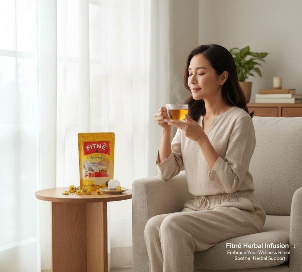 Thai Ranee FITNÈ herbal chrysanthemum tea bag packaging next to a woman enjoying a warm cup of tea in a cozy room.