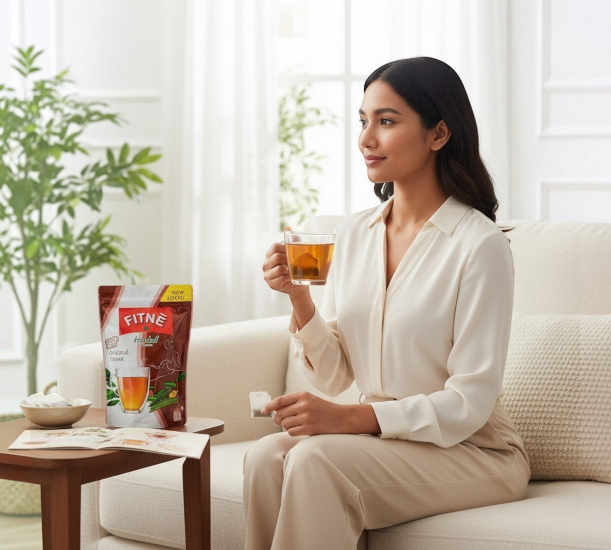 Thai Ranee FITNE herbal tea bag pack next to a woman sitting on a sofa holding a cup of brewed herbal infusion