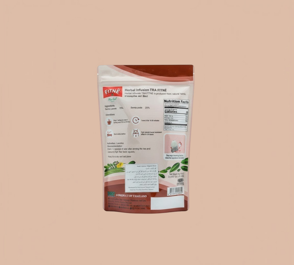 Thai Ranee FITNE Herbal Infusion tea bag packaging back view showing ingredients and usage instructions