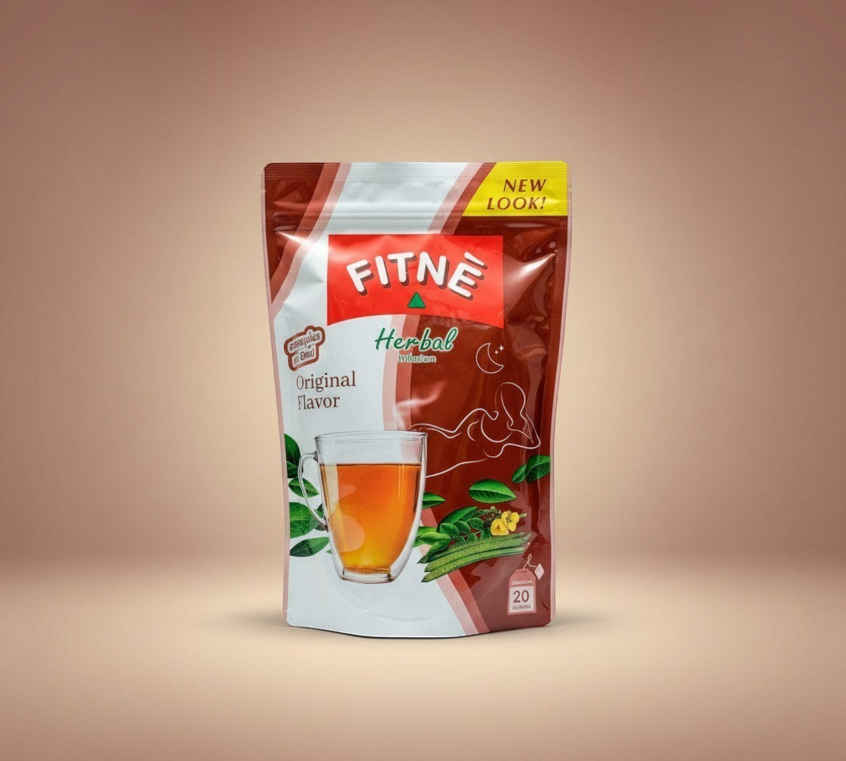 Thai Ranee FITNE herbal infusion tea bag pouch with original flavor, featuring senna leaves and a cup of tea.