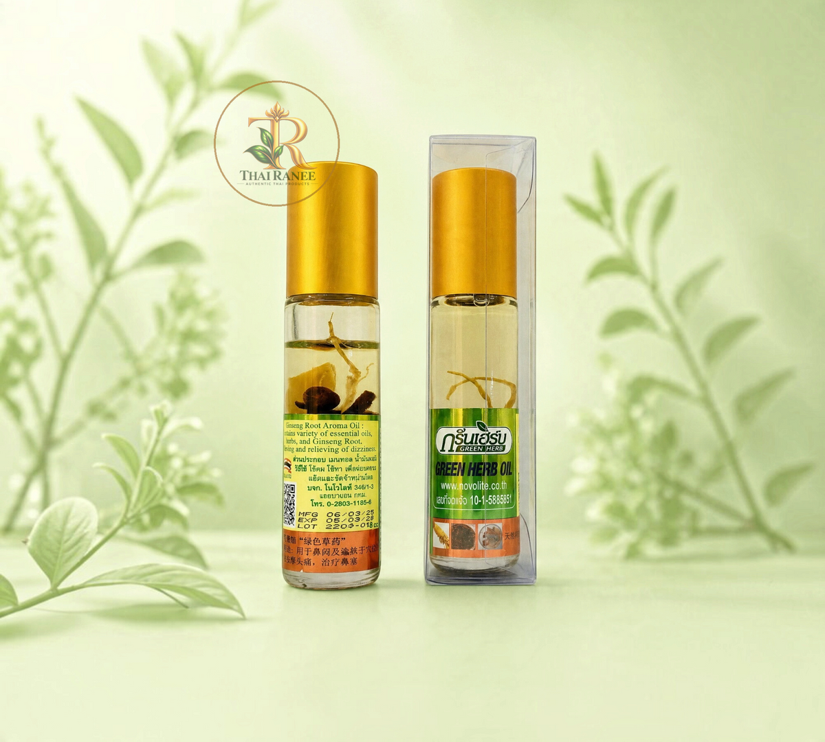 Thai Ranee Green Herb Ginseng Root Aroma Oil in a small glass roll-on bottle with herbal ingredients inside.