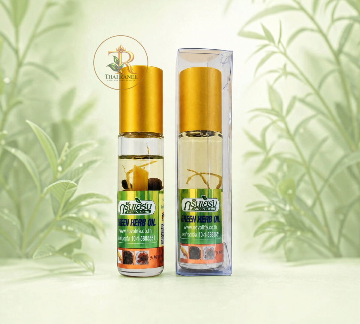Thai Ranee Green Herb Ginseng Root Aroma Oil in a glass roll-on bottle with visible ginseng root and gold cap