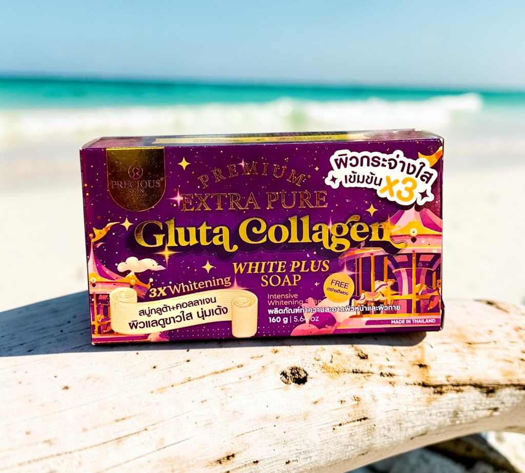 Thai Ranee Precious Skin Thailand Gluta Collagen White Plus Soap box featuring purple packaging and gold text.