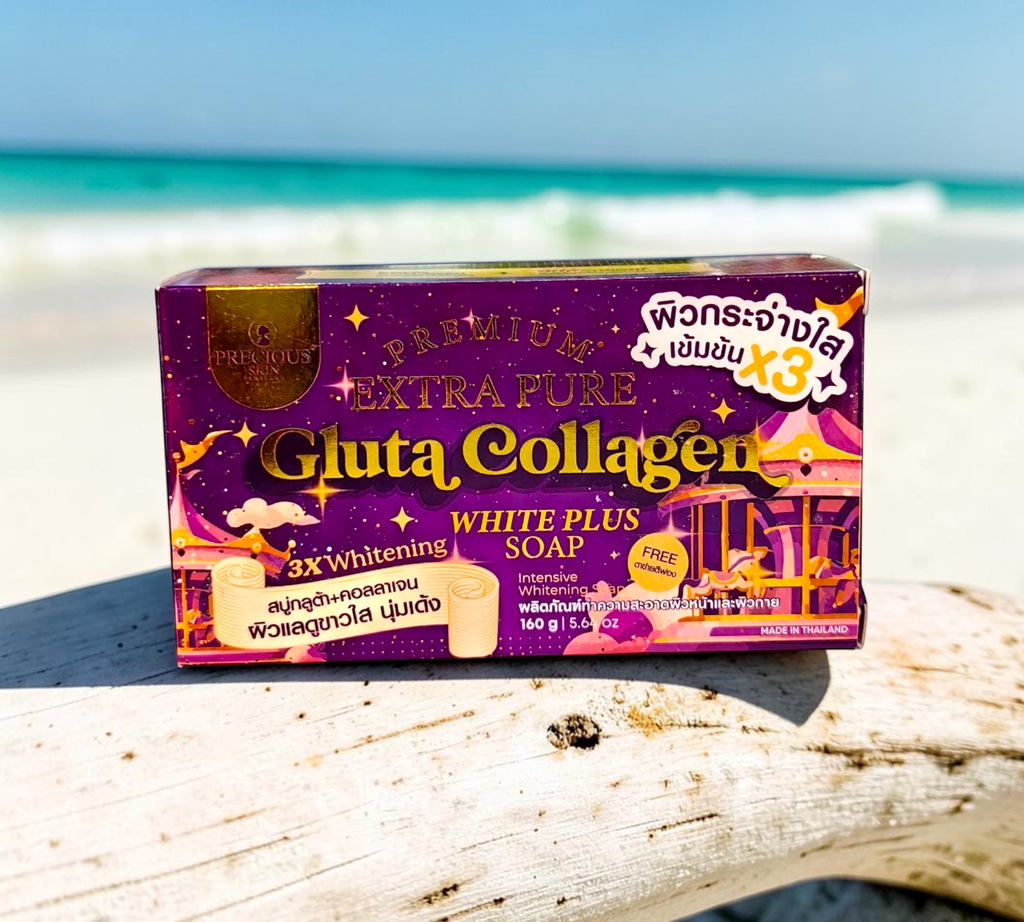 Thai Ranee Precious Skin Thailand Gluta Collagen White Plus soap bar in a purple and gold decorative box