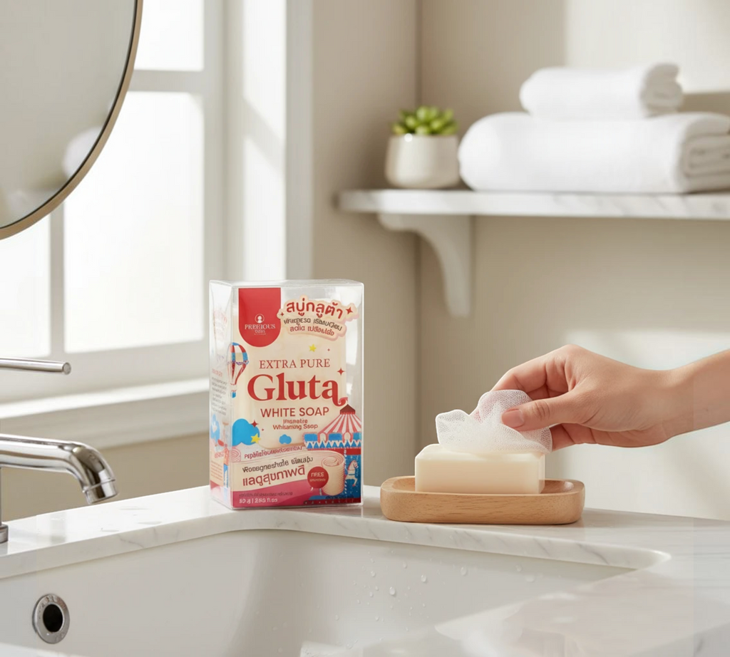 Thai Ranee Precious Skin Thailand Extra Pure Gluta White Soap bar with foaming net on a wooden dish in a bathroom.