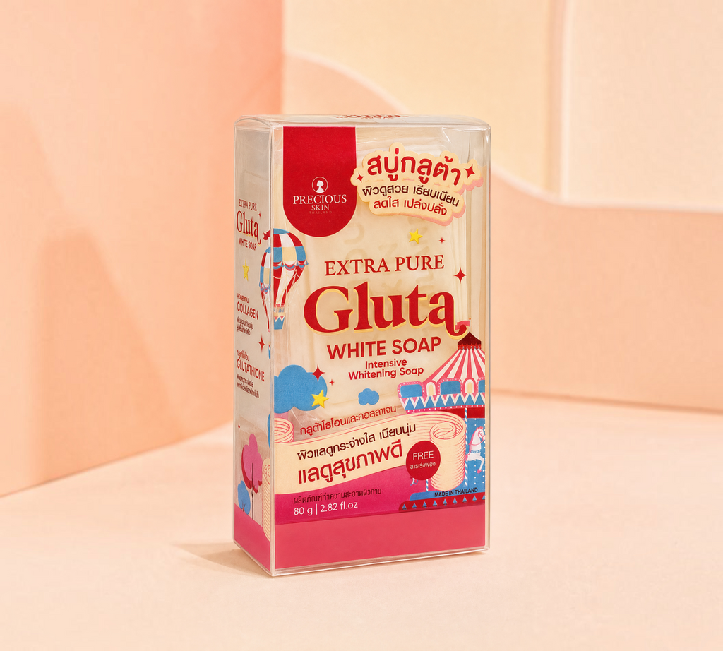 Thai Ranee Precious Skin Thailand Extra Pure Gluta White Soap bar in clear plastic packaging with carnival design
