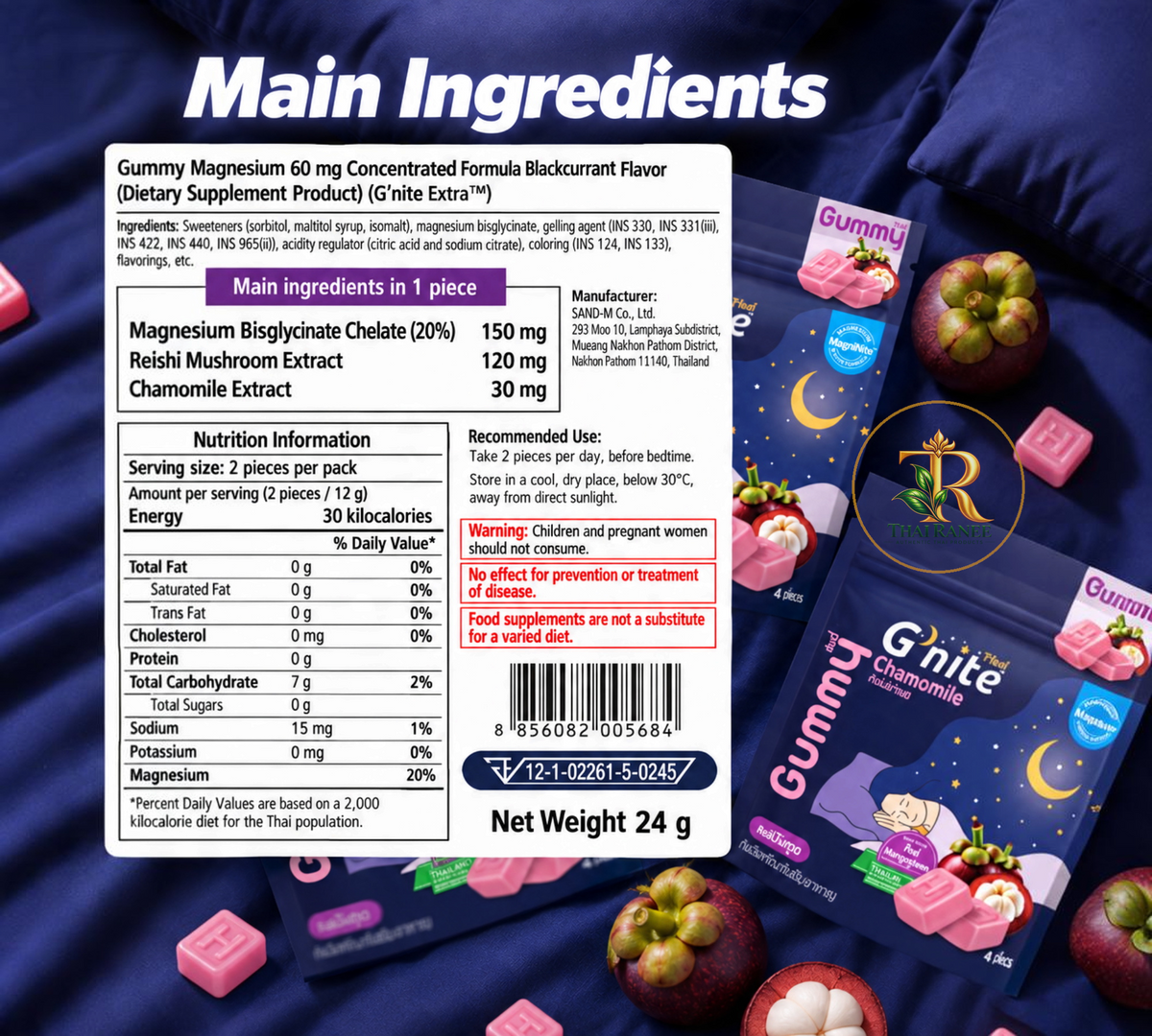 Thai Ranee Handy Herb G'nite chamomile sleep gummies with mangosteen flavour and nutritional information label