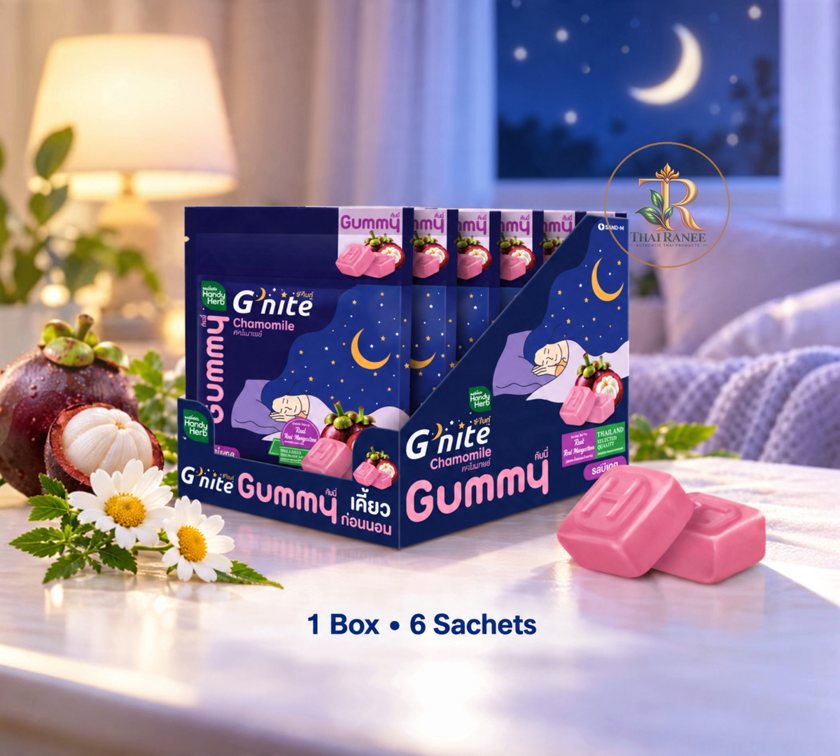 Thai Ranee Handy Herb G'nite Chamomile mangosteen flavour sleep gummies in a display box with chamomile and fruit.