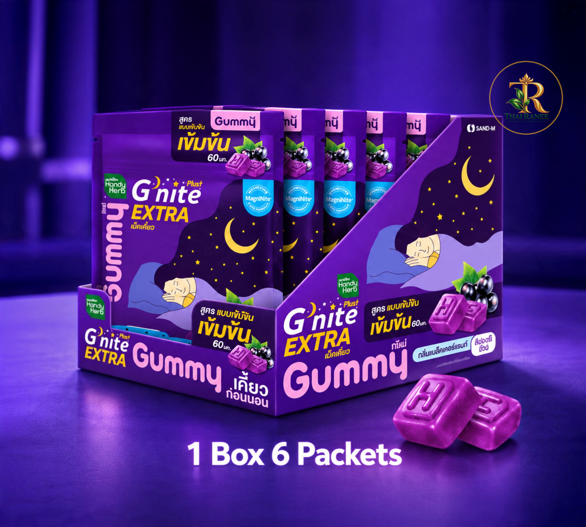 Thai Ranee Handy Herb G'nite Extra blackcurrant sleep gummies in a box of 6 packets with a purple night theme.