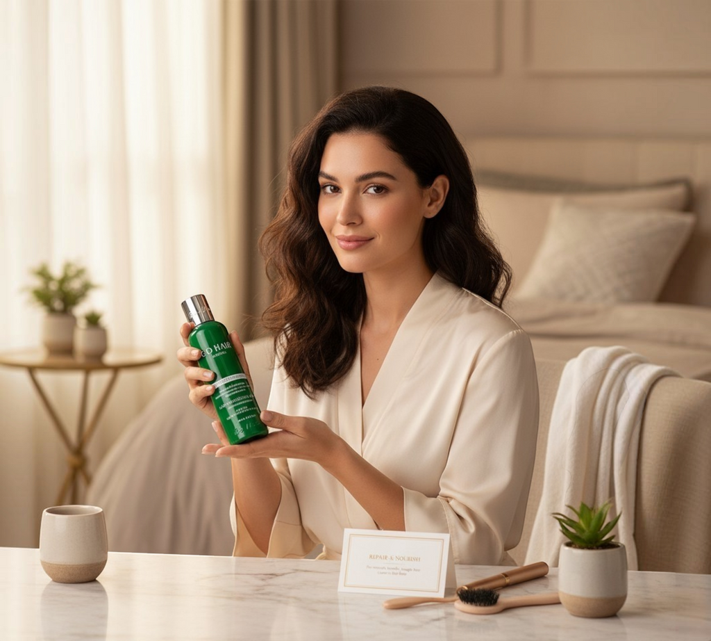 Thai Ranee model holding a bottle of GO HAIR Original Silky Seaweed Nutrients hair cream in a bright bedroom setting.