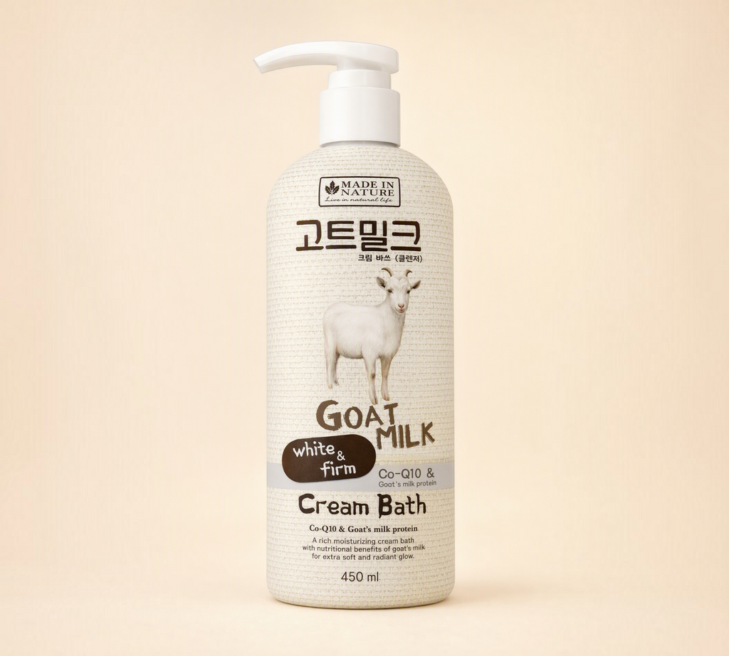 Thai Ranee Made in Nature Goat Milk White & Firm Cream Bath 450ml pump bottle for moisturizing body cleansing.
