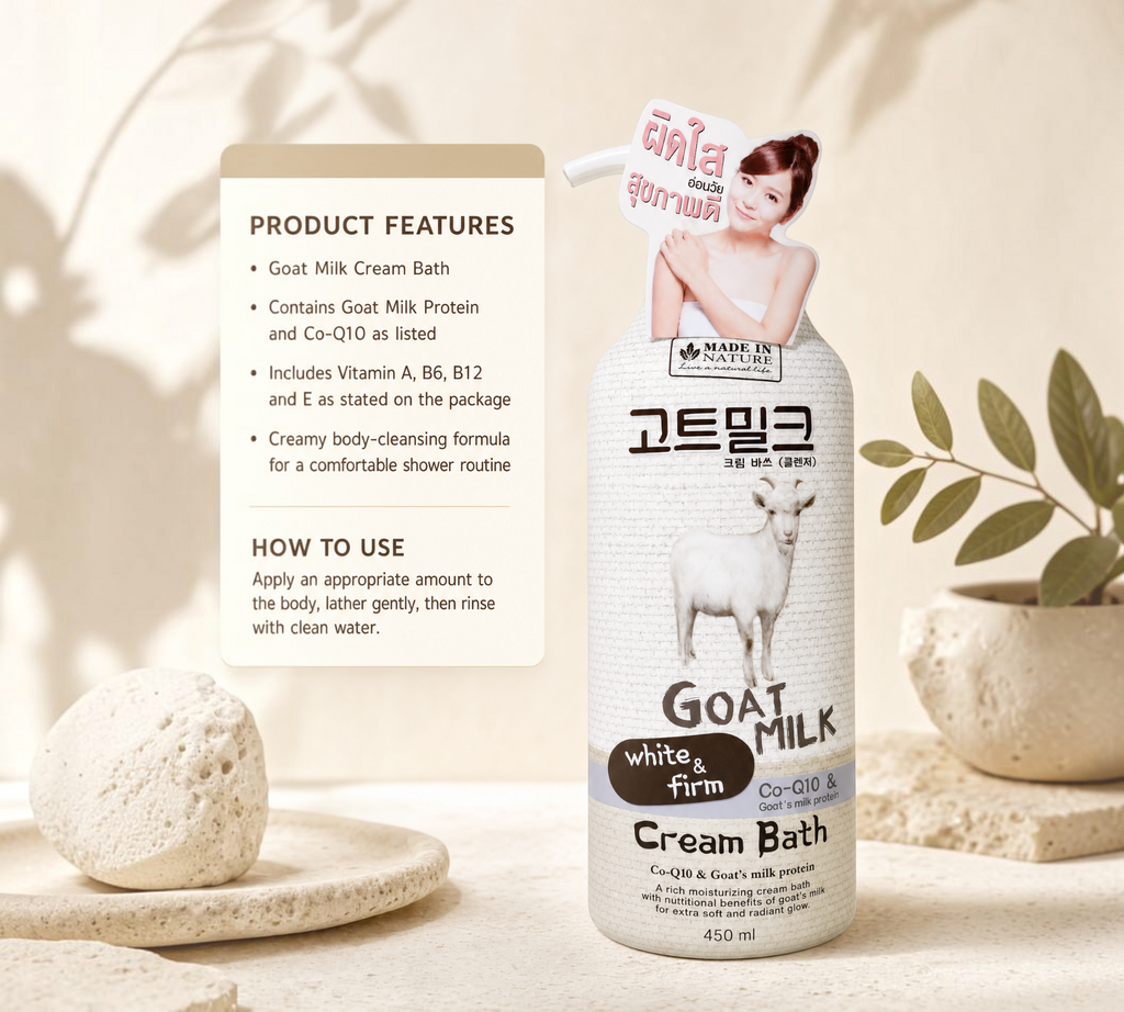 Thai Ranee Made in Nature Goat Milk White & Firm Cream Bath 450ml bottle with nourishing Co-Q10 and botanical extracts