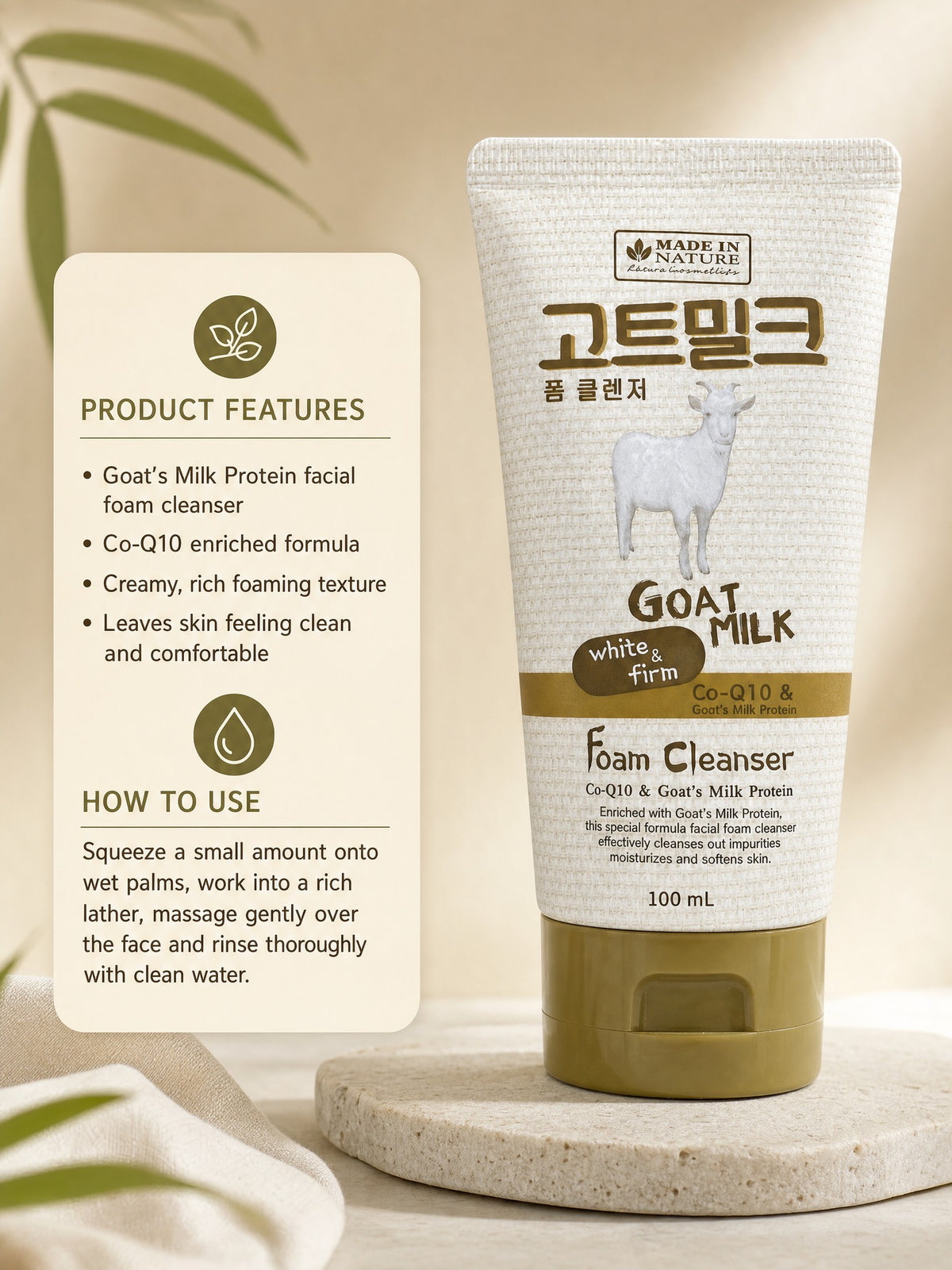 Thai Ranee Made in Nature Goat Milk facial foam cleanser with Co-Q10 in a 100ml tube on a stone pedestal.